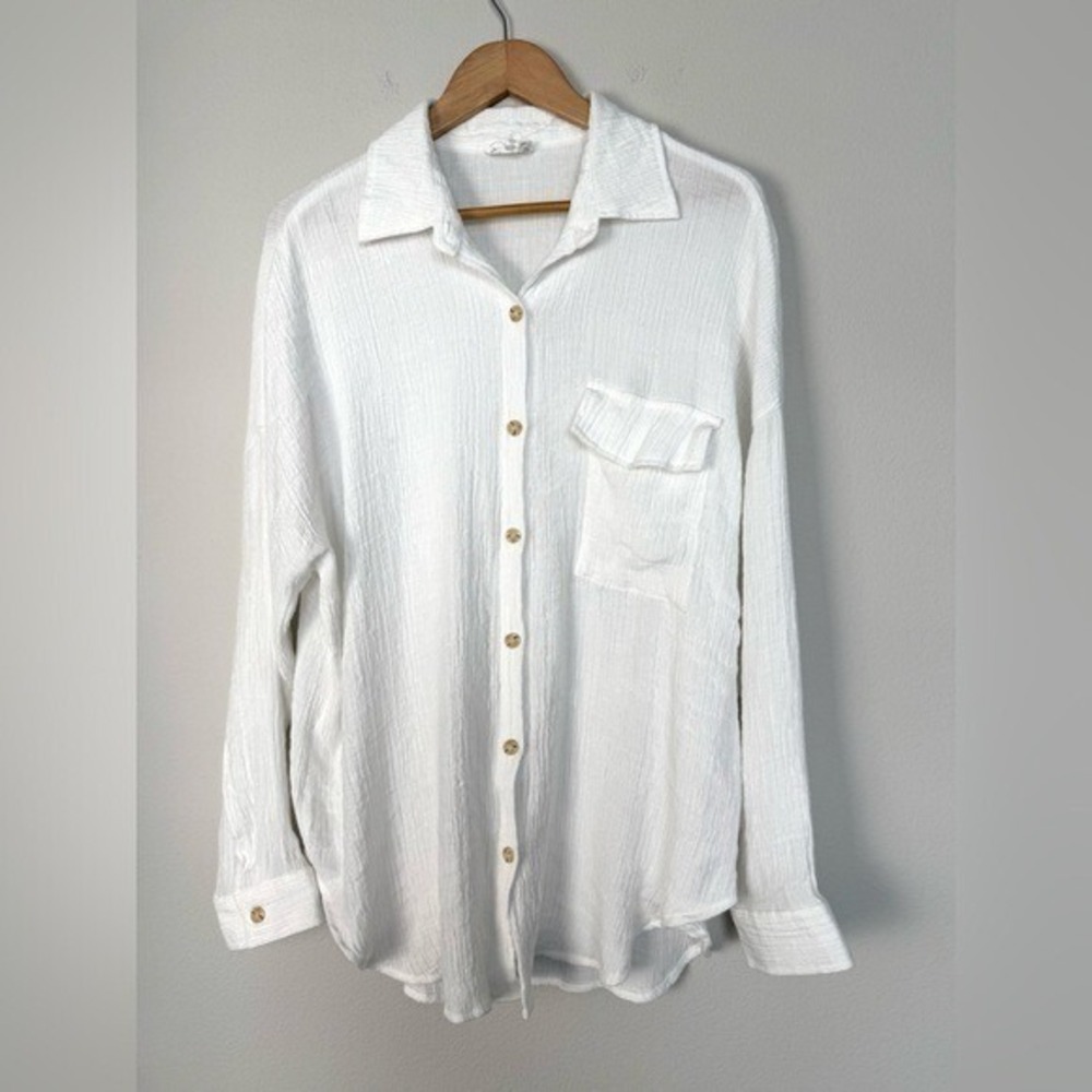 Gauzy Long Sleeve Button Up Womens 2X White Lagenlook Resortwear Casual Classic